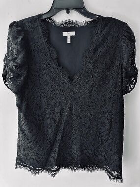 Joie NEVINA Black Floral Lace V-Neck Top - Eyelash Trim - Size M